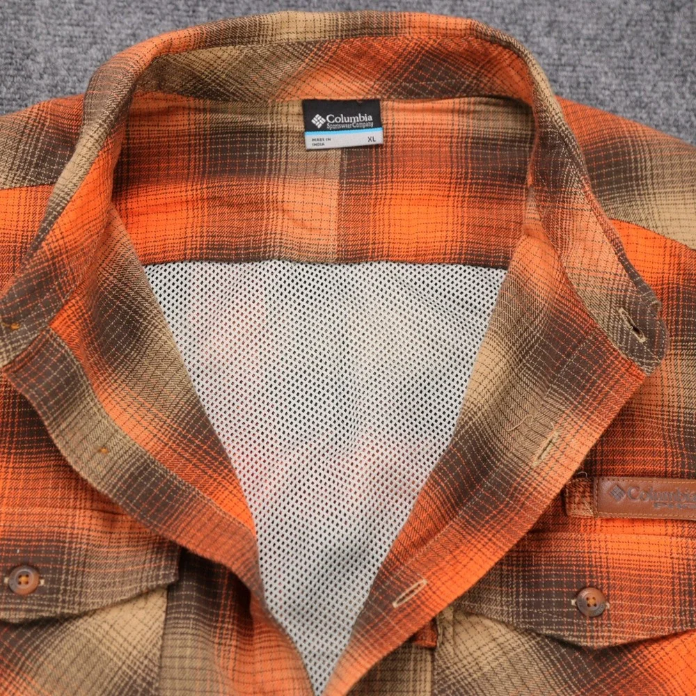 Columbia PFG XL Orange Plaid Long Sleeve‎ Button Down Fishing Shirt Mesh Vent